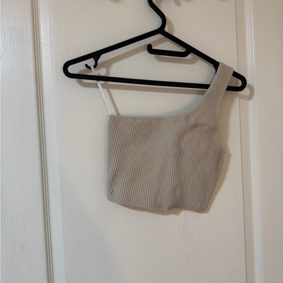 Beige Ribbed One-Shoulder Crop Top - Picture 2 of 7